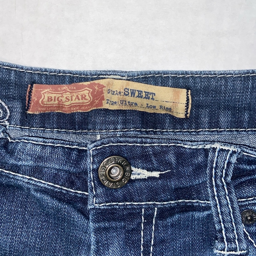 Big Star Sweet Ultra Low Rise Women’s Size 28 Blue Denim Distressed Jean Shorts - Picture 3 of 6